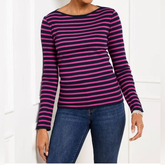 Talbots Bateau Neck Hutton Stripe Long Sleeve Knit Top Sz Large - Picture 1 of 6